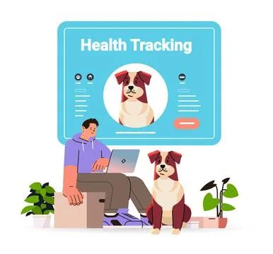 Guy owner using pet app on laptop cute dogs best friends domestic animals health Illustrazione stock