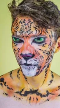 The guy with the painted face of a tiger on a bright background Stock Photos