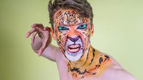 The guy with the painted face of a tiger on a bright background Stock Photos