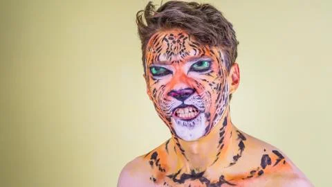 The guy with the painted face of a tiger on a bright background Stock Photos