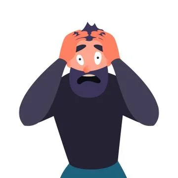 Guy in panic attack, terrified. Cartoon character screams in horror and clings Stock-Illustration