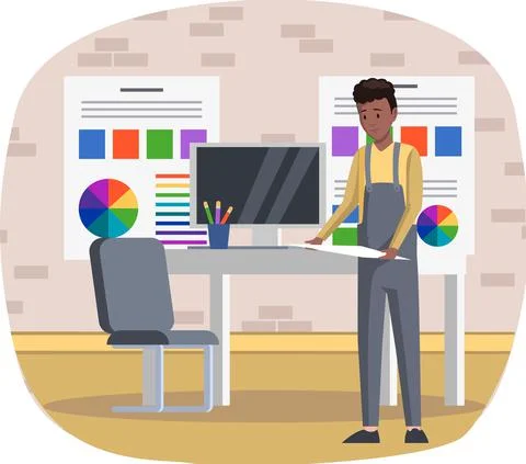 Guy with paper sheet in his hands working in office of print house. Employee Ilustración de archivo