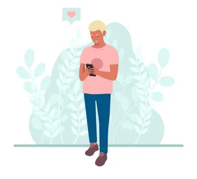 The guy with the phone isolated on a white background in a flat style. Stock Illustration