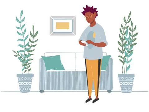 The guy with the phone stands on the background of the interior, furniture in Stock Illustration