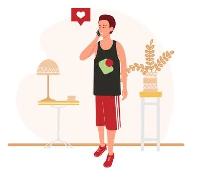The guy with the phone stands on the background of the interior, furniture in Stock Illustration