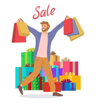 Guy picks up multi-colored packages. Big gift boxes on the background. Holliday Stock Illustration