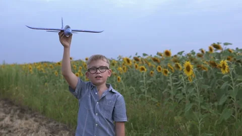 The guy is played with a toy model airplane on the field with sunflowers Stock Footage 160889883