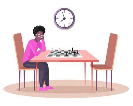 Guy playing chess alone. African man sitting at table in concentrated on 스톡 일러스트
