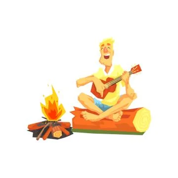 Guy Playing Guitar Sitting On A Log Next To Bonfire Stock Illustration