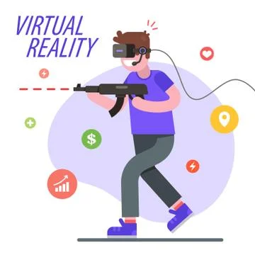 The guy is playing a virtual reality game. shoot in a computer game. Illustrazione stock
