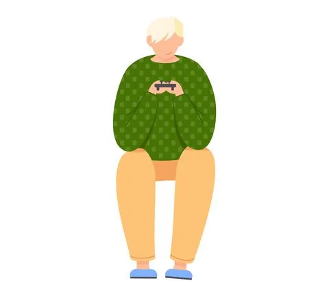 Guy plays video games. Young man gamer gaming with gamepad controller, holding 스톡 일러스트