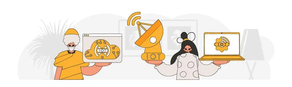 Guy plus gal team up in IOT biz, sporting a vector.y look. Stock-Illustration