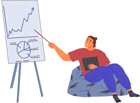 Guy points to bar chart graphic report on flipchart. Man showing statistical Ilustración de archivo