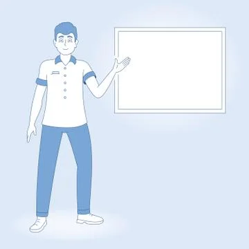 Guy points with his hand to a blank whiteboard, a man shows a report. Vector  Stock Illustration