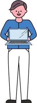 Guy with portable personal computer. Man showing smart screen device, laptop for イラスト素材