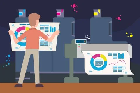 Guy print graph on printer Stock Illustration