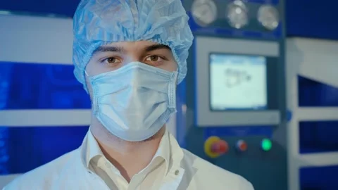 Guy in protective mask cap and robe near modern equipment Video stock 145637012