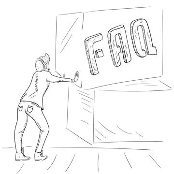 The guy pushes a cube with the word FAQ an isolated contour drawing for the d Stock Illustration