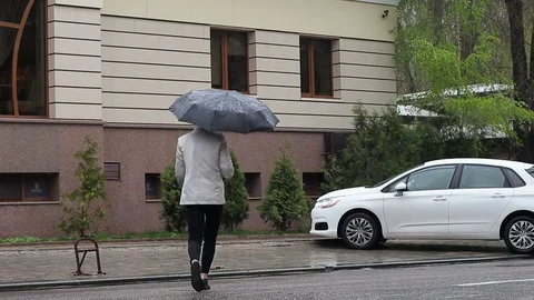The guy quickly goes to the car under the umbrella. Raining Stock Footage 74854998