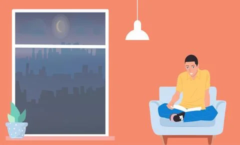 The guy is reading a book at home. Sofa and window, relaxation. Stock Illustration