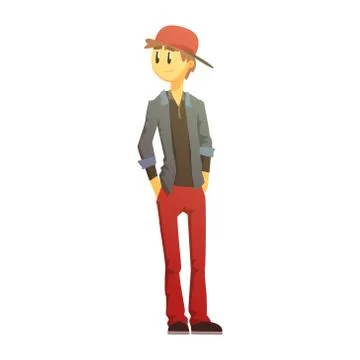 Guy In Red Pants And Cap, Young Person Street Fashion Look With Mass Market Stock Illustration