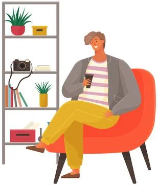 Guy is resting, spending time at home. Man sitting on armchair holding cup in Stock Illustration