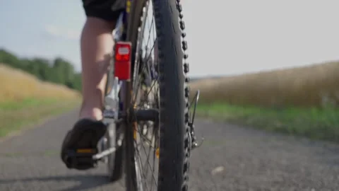 Guy rides a bicycle along a dusty path in the forest. A man rides a bike Video stock 258256749