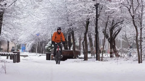 A guy rides a bicycle through a winter city among snow covered trees Stockbeeldmateriaal 260460424