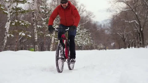 A guy rides a bicycle in a winter park Stock Footage 263577449
