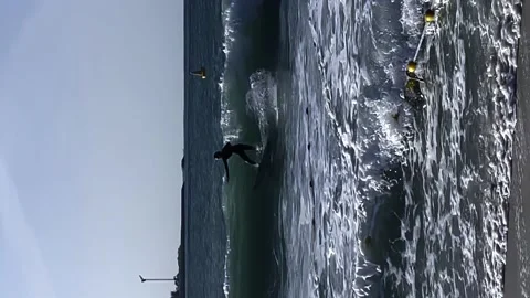 A guy rides the waves, a man trains to surf Stock Footage 238546661