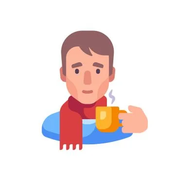 Guy in scarf drinking tea flat illustration. Illustrazione stock