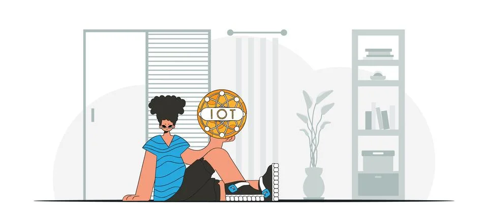 Guy seated on the floor, clasping IoT logo in modern vector style. Stock Illustration