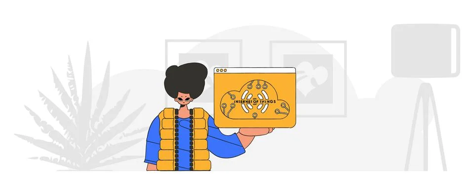 A guy is seated on the ground utilizing the Internet of Things logo in a mo.. 스톡 일러스트