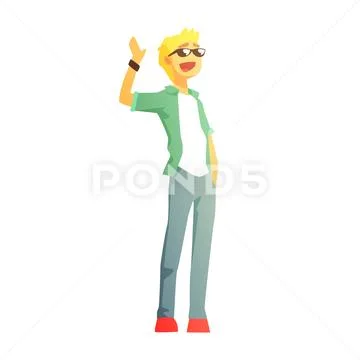Guy In Shades, Jeans And Green Jacket, Young Person Street Fashion Look With Stock Illustration