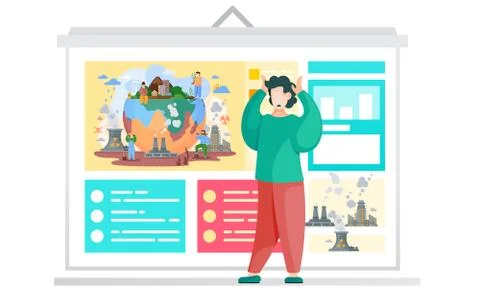 The guy is shocked by the state of the environment. The planet destroyed by Stock Illustration