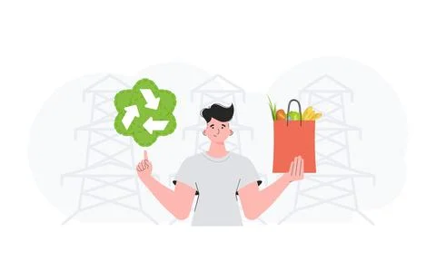 The guy is shown waist-deep holding an EKO icon and a bag of proper nutriti.. Stock Illustration