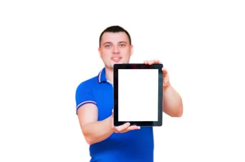 Guy shows a white screen tablet Stock Photos