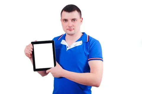 Guy shows a white screen tablet Stock Photos