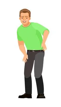 Guy is sick. Backache. Small of back. Young handsome boy. Sad. In jeans and T Stock Illustration