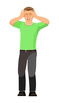 Guy is sick. Headache. In the temples. Young handsome boy. Sad. In jeans and T Stock Illustration