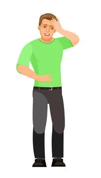 The guy is sick. Headache. Young handsome boy. Its sad. In jeans and a T-shir Stock Illustration