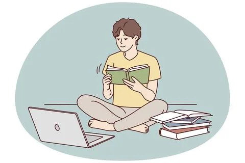 Guy sit on floor study on compute read textbooks prepare for exam. Focused male Stock Illustration