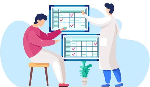 The guy sits with chips in his hands. A man in a lab coat points to a work plan Stock Illustration