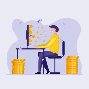 The guy sits at the computer and earns online on cryptocurrency transactions Stock Illustration