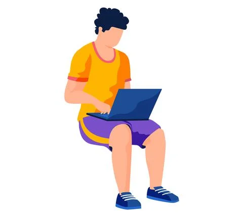 Guy sits with computer and types. Man freelancer working or studying online at Stock Illustration