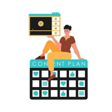 The guy sits on the content plan and holds a window with a video . message pl Illustrazione stock