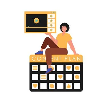 The guy sits on the content plan and holds a window with a video . message pl Stock Illustration