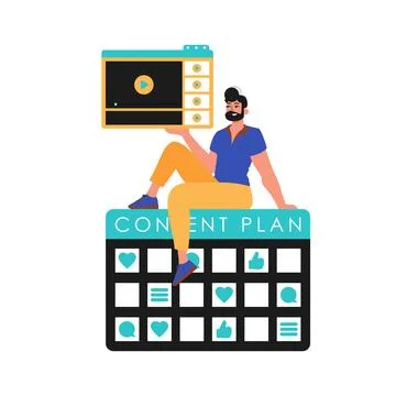 The guy sits on the content plan and holds a window with a video . message de Stock Illustration