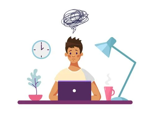 The guy sits at a desk with a computer and thinks about the difficulties Stock Illustration