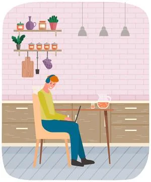 Guy sits with digital technology and drinking lemonade in kitchen. Man works Stock Illustration